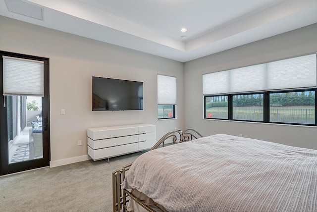 carpeted bedroom with a tray ceiling