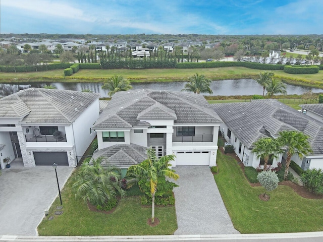 aerial view featuring a water view