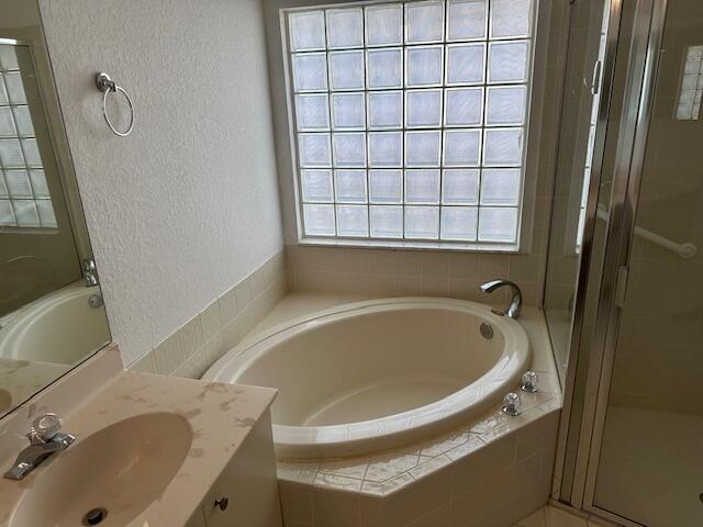 bathroom featuring vanity and independent shower and bath