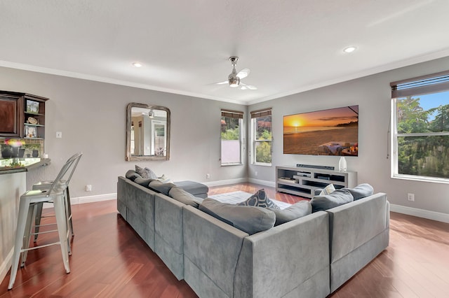 living room featuring crown molding, ceiling fan, and dark hardwood / wood-style floors