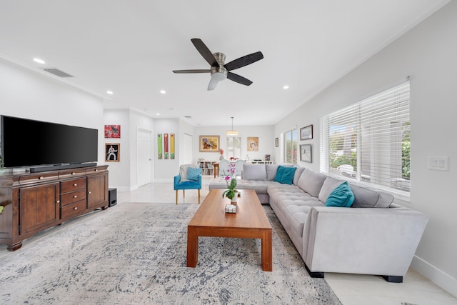 living room with ceiling fan