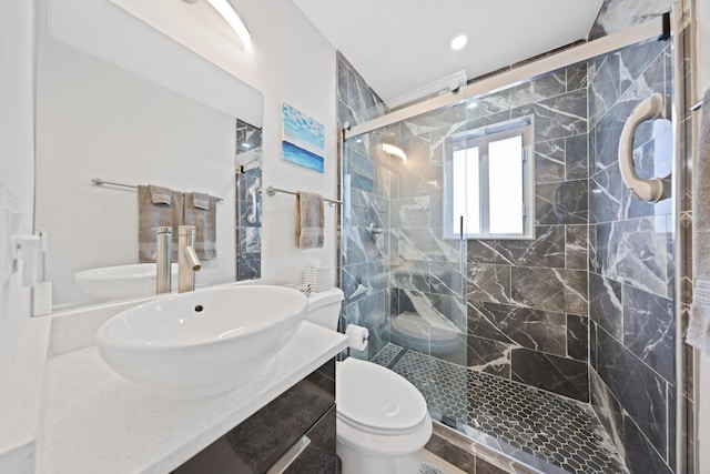 bathroom featuring vanity, toilet, and a shower with door