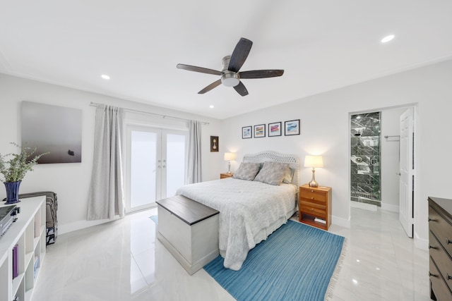 bedroom featuring ceiling fan, access to outside, and french doors