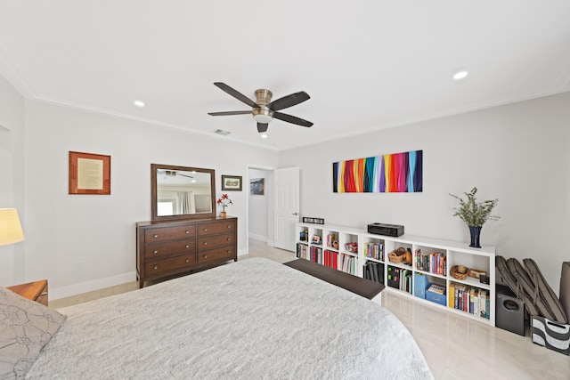 bedroom featuring ceiling fan and crown molding