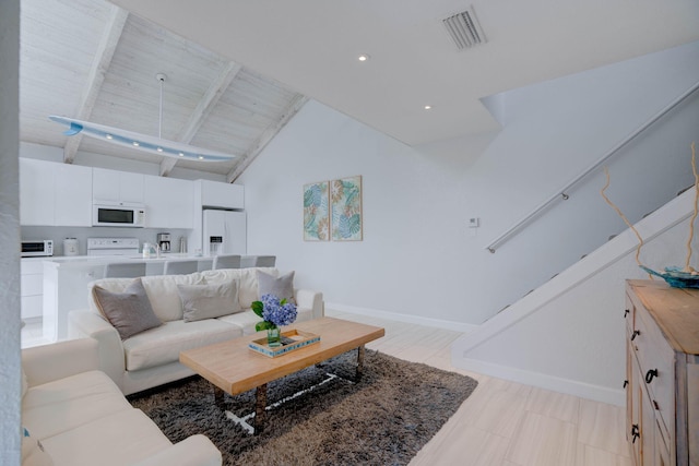 tiled living room with beamed ceiling, wooden ceiling, and high vaulted ceiling