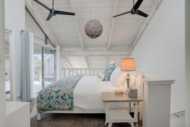 bedroom with carpet, lofted ceiling with beams, ceiling fan, access to exterior, and wood ceiling