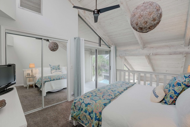 bedroom featuring wooden ceiling, dark colored carpet, ceiling fan, beamed ceiling, and a closet