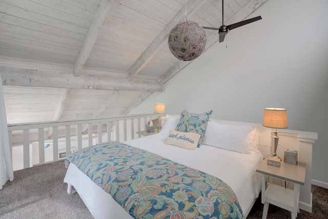 carpeted bedroom featuring lofted ceiling with beams, ceiling fan, and wood ceiling