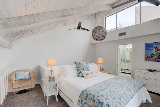 carpeted bedroom with vaulted ceiling with beams, ceiling fan, wood ceiling, and ensuite bathroom