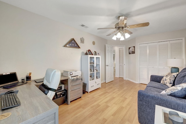 office space featuring ceiling fan and light hardwood / wood-style flooring