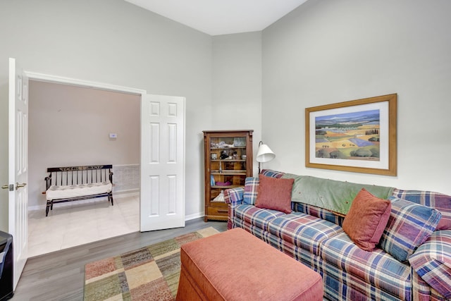 living room with hardwood / wood-style floors and a high ceiling