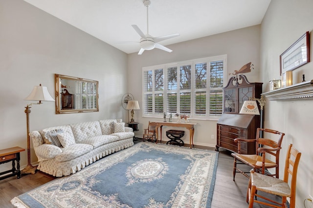 living room with ceiling fan and wood-type flooring