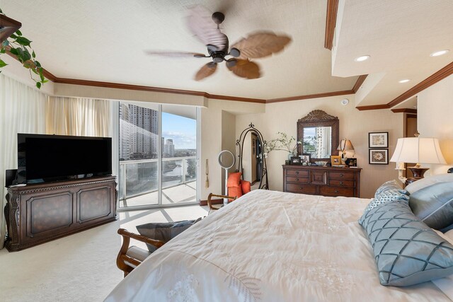 bedroom featuring access to outside, ceiling fan, carpet, and ornamental molding