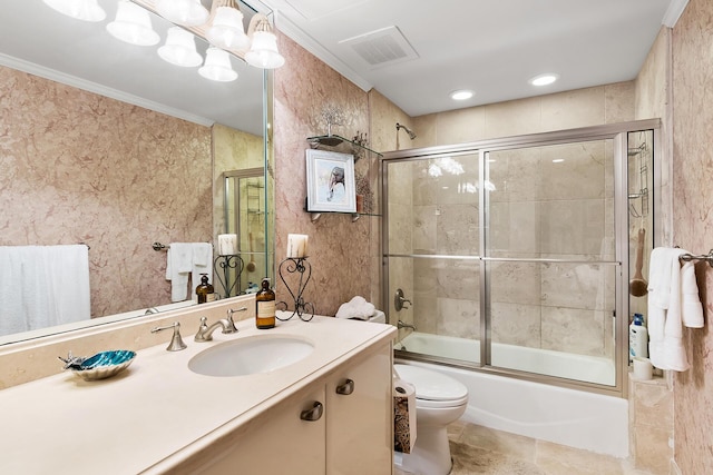 full bathroom featuring shower / bath combination with glass door, vanity, and ornamental molding