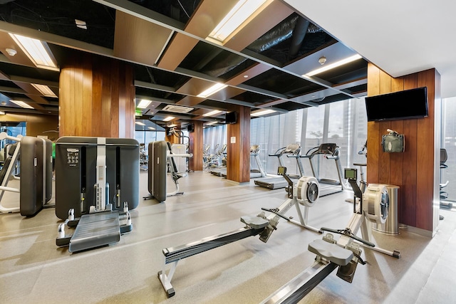 workout area featuring wood walls, a healthy amount of sunlight, and a wall of windows