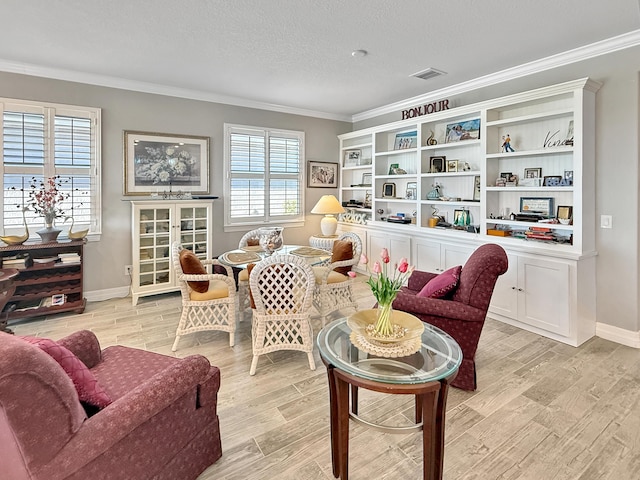 12880 SW Aureolian Ln, Port Saint Lucie, FL 34987 - living area with light wood finished floors, visible vents, crown molding, and a textured ceiling