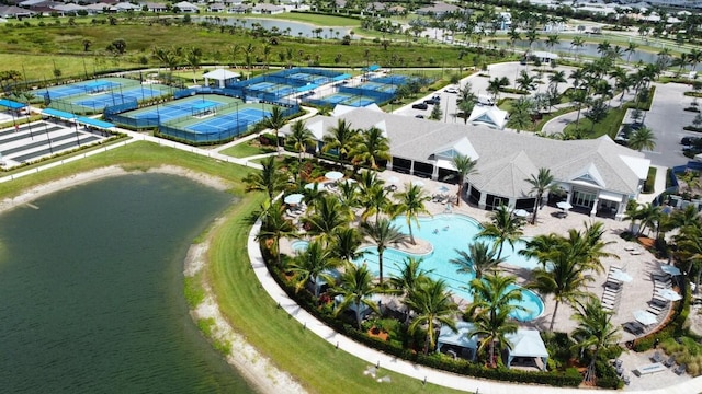 drone / aerial view featuring a water view