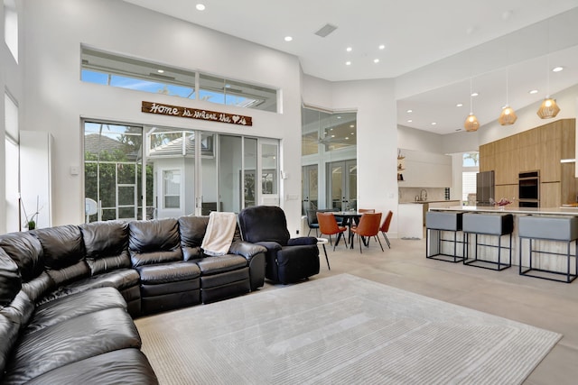 living room featuring a high ceiling and sink