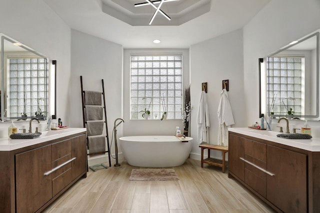 bathroom with a tray ceiling, a bathtub, vanity, and wood-type flooring