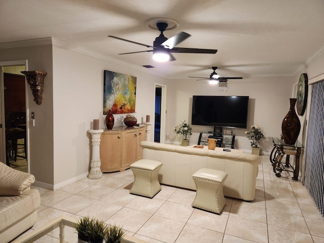 living room with ceiling fan, light tile patterned floors, and crown molding