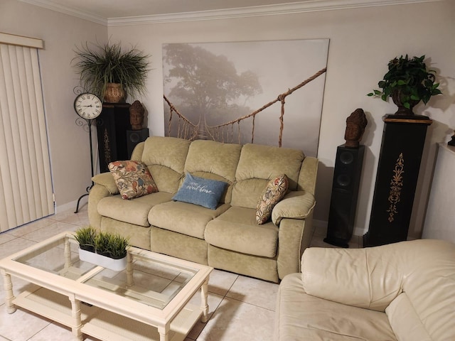 tiled living room with ornamental molding