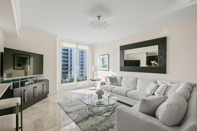 living room with crown molding