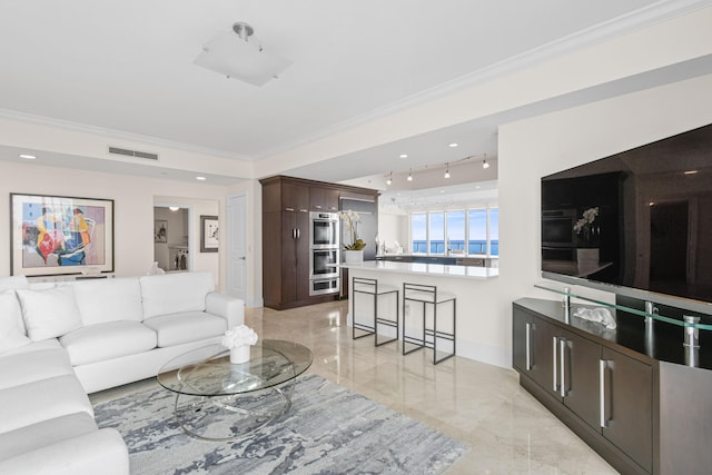 living room with crown molding