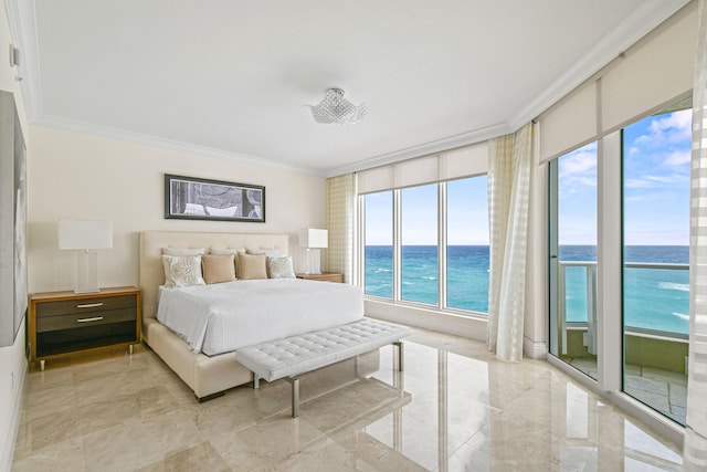 bedroom with a water view and ornamental molding