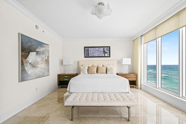 bedroom with a water view and ornamental molding