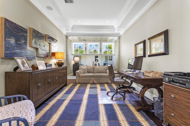 office with a raised ceiling and crown molding