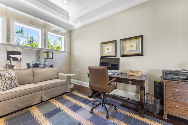 office with dark hardwood / wood-style floors and ornamental molding