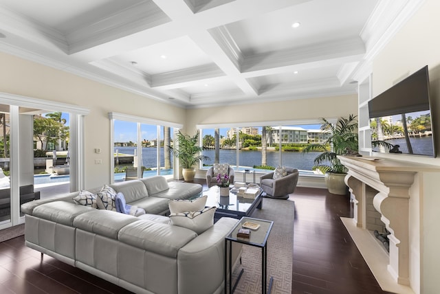 living room with beamed ceiling, ornamental molding, dark wood-type flooring, and coffered ceiling