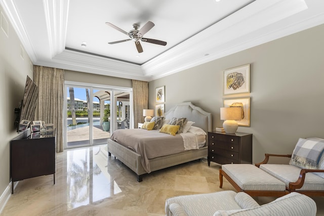 bedroom featuring access to outside, crown molding, ceiling fan, and a tray ceiling