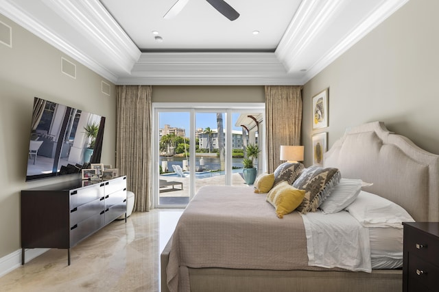 bedroom with access to exterior, a raised ceiling, ceiling fan, and crown molding