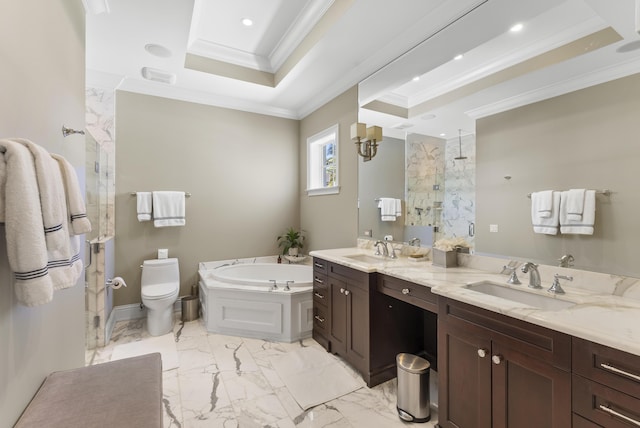 full bathroom with vanity, a raised ceiling, toilet, ornamental molding, and shower with separate bathtub