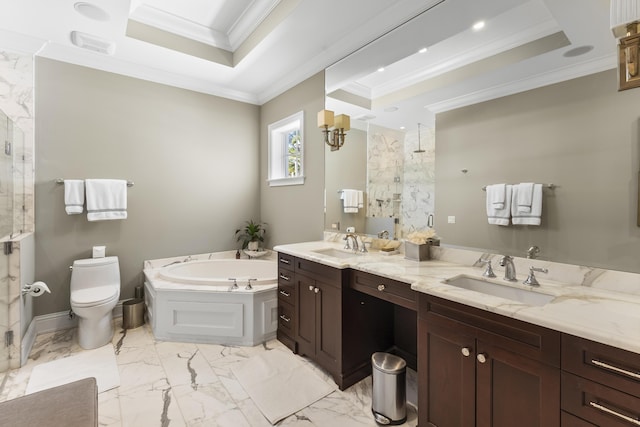 full bathroom featuring toilet, crown molding, plus walk in shower, and a tray ceiling