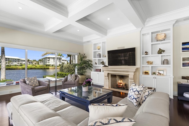 living room with beam ceiling, wood-type flooring, coffered ceiling, and ornamental molding