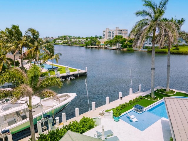 property view of water with a dock