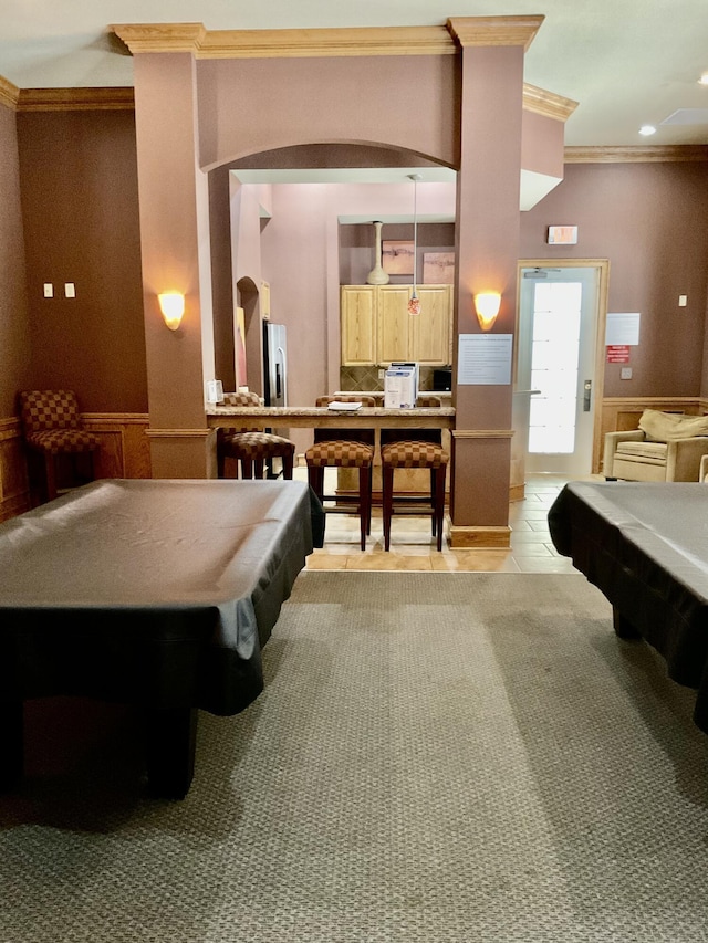 playroom featuring light tile patterned floors, ornamental molding, and billiards