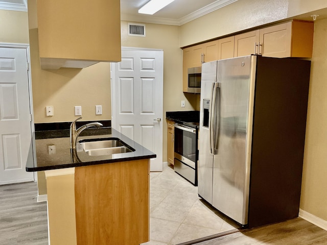 kitchen featuring kitchen peninsula, sink, ornamental molding, and stainless steel appliances