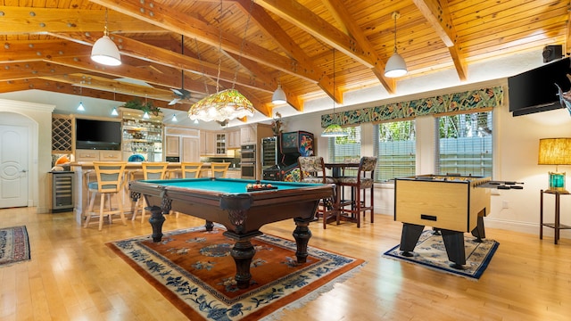 rec room with lofted ceiling with beams, light wood-style floors, wine cooler, and pool table