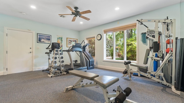 exercise area featuring ceiling fan, visible vents, baseboards, and recessed lighting