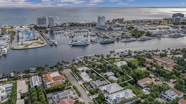 drone / aerial view featuring a water view