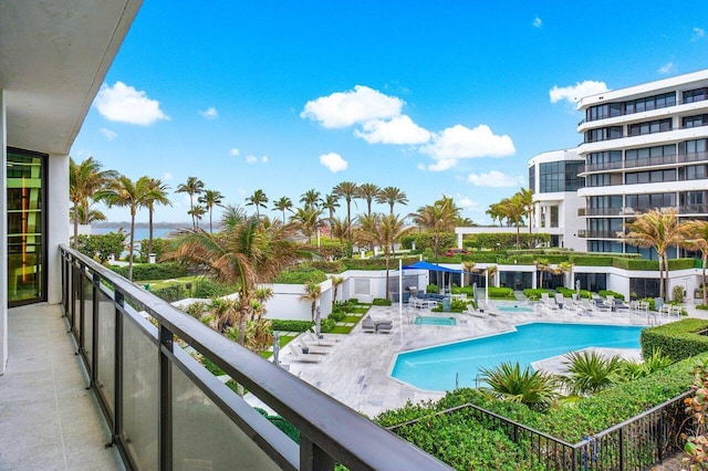 view of swimming pool featuring a patio area