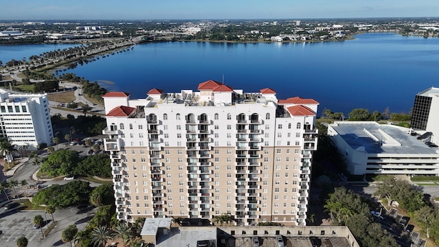 drone / aerial view with a water view