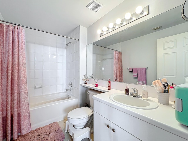 full bathroom with tile patterned floors, vanity, toilet, and shower / bathtub combination with curtain