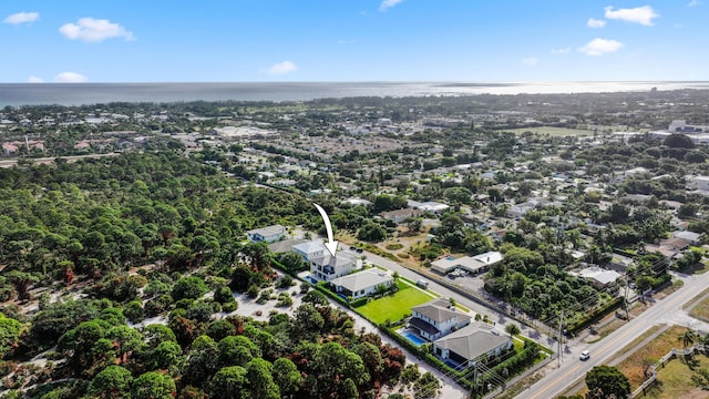 drone / aerial view featuring a water view