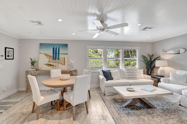 living room featuring ceiling fan, wood ceiling, and light hardwood / wood-style flooring