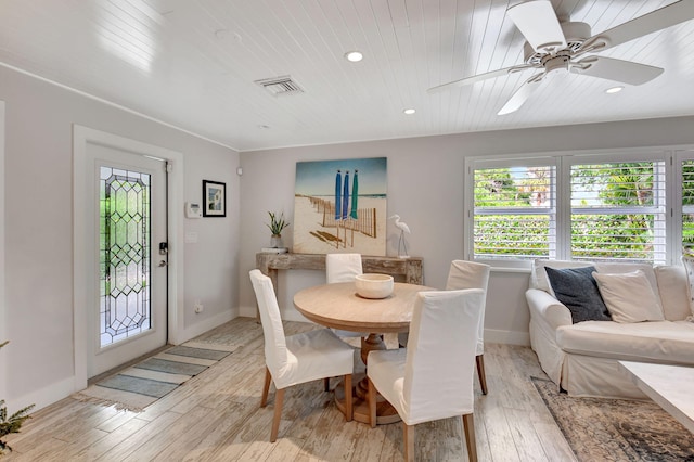 dining space with a wealth of natural light, ceiling fan, wooden ceiling, and light wood-type flooring