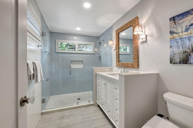 bathroom featuring vanity, an enclosed shower, and toilet